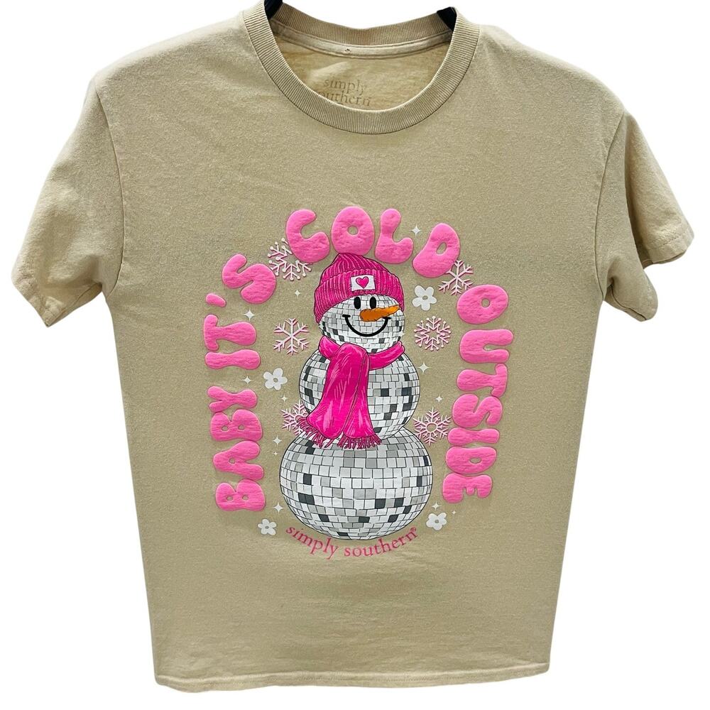Simply Southern Baby It's Cold Outside T-Shirt Small S Beige Disco Ball Snowman